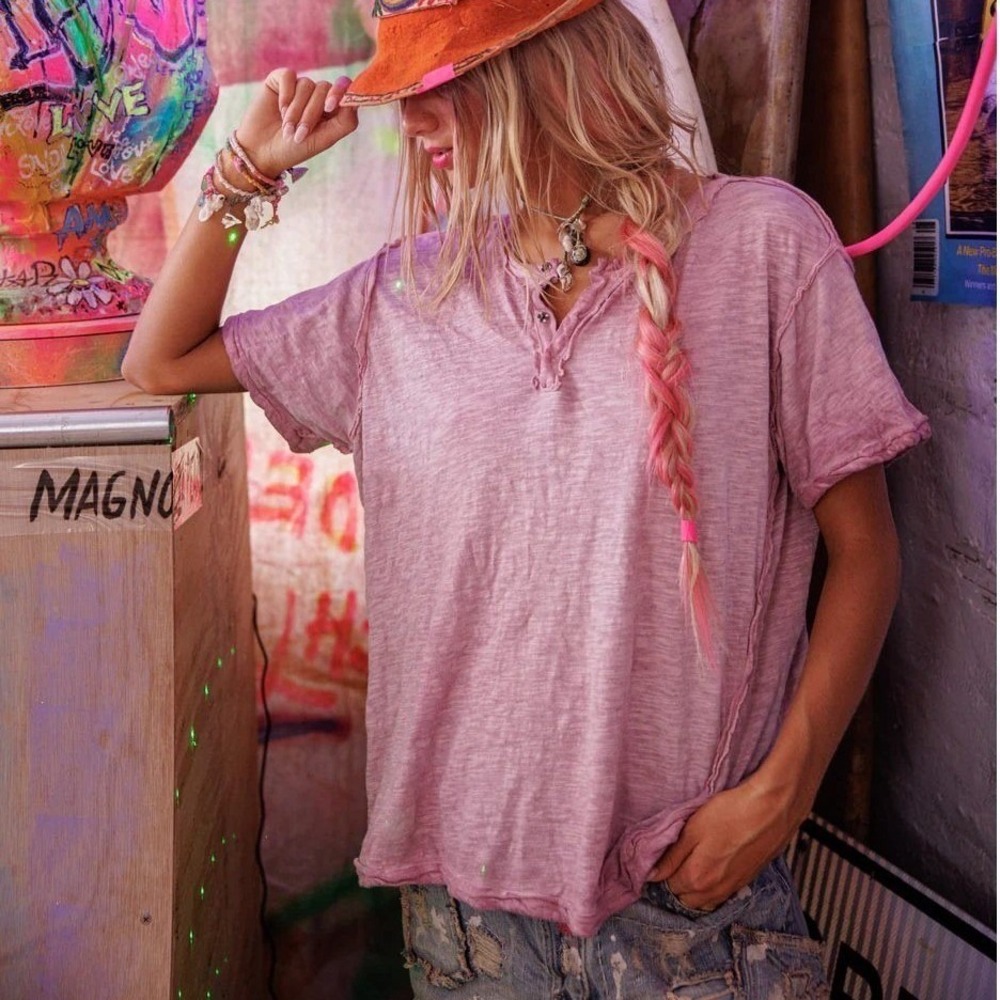 Magnolia Pearl Short Sleeve Pink Henley Distressed SOLD OUT Bohemian Vintage NWT